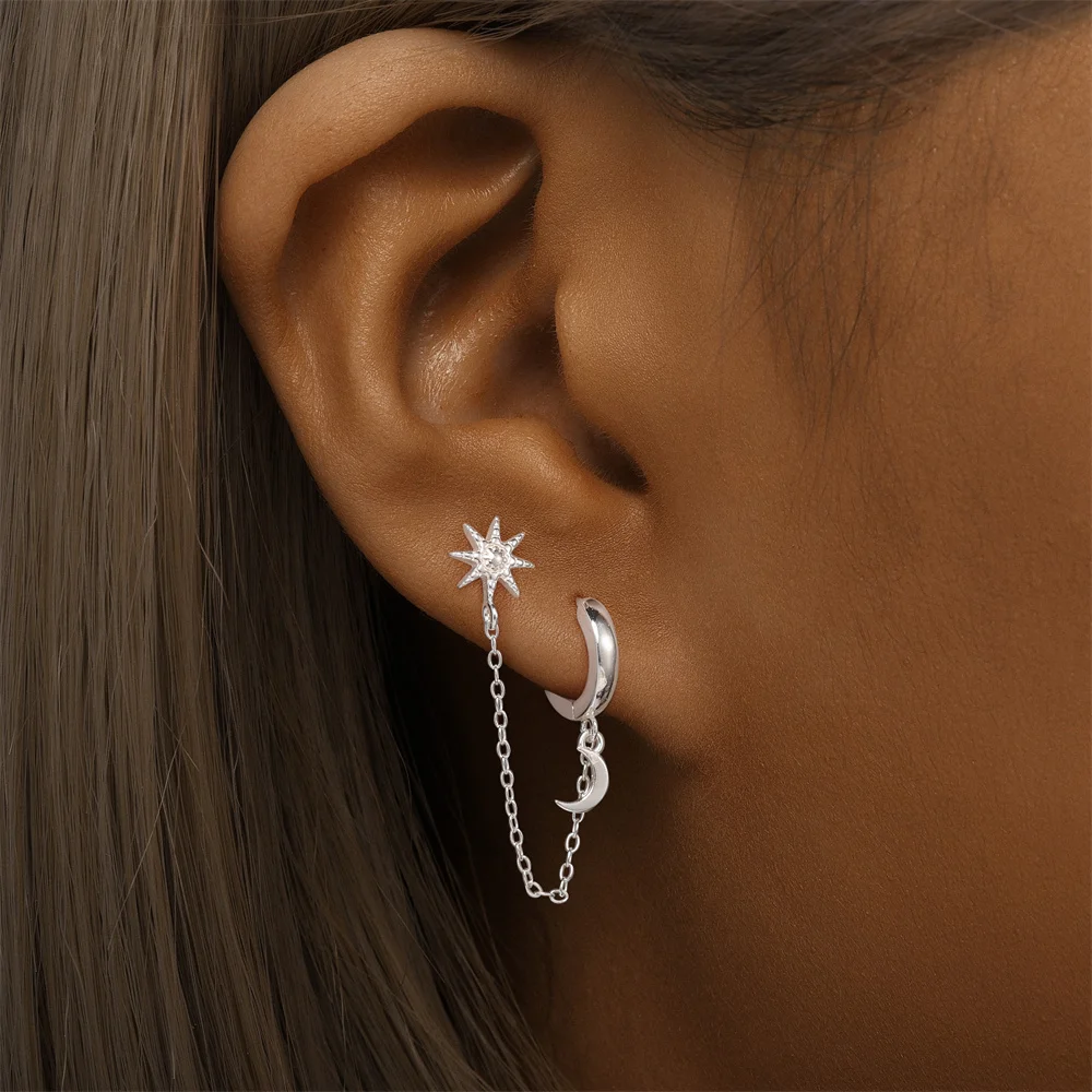 Aide 1pc 925 Sterling Silver Moon Huggies With Chain Star Stud Earrings For Women Elegant Simple Piercing Ramadan Jewelry Gift