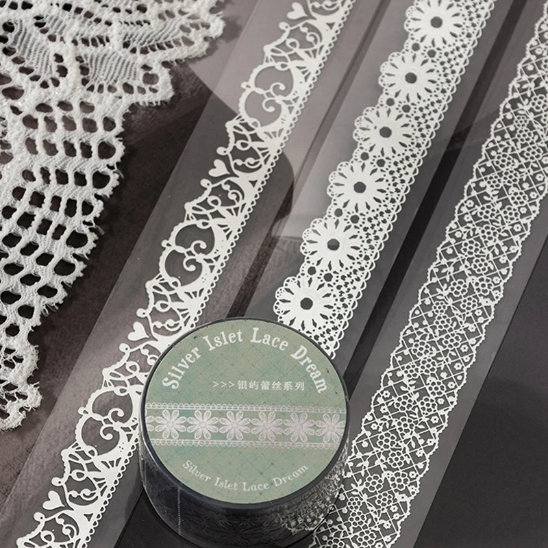 

Mr.Paper 3 Rolls Silver Islet Lace Series 3D Hot Silver PET Tape DIY Journal Scrapbook Photo Frame Collage Decor Craft Supplies