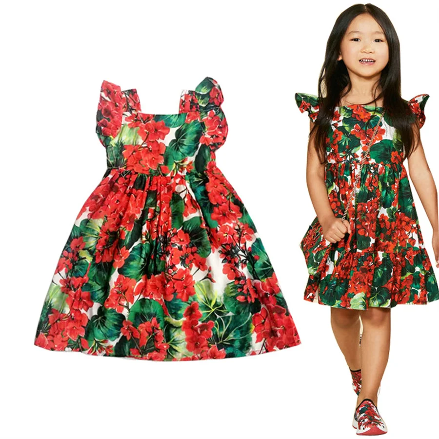 

2024 Summer New Flowers Printed Cotton Children Dresses Handmade Girls Short Party Dress Baby Birthday Holiday Clothing Kids