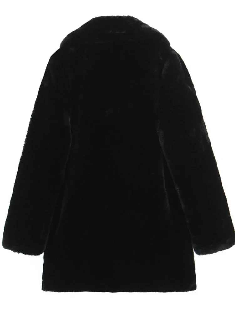 معطف نسائي أسود ذو طية صدر السترة من الفرو الصناعي موضة رقبة على شكل v وأكمام طويلة معاطف فضفاضة دافئة فروي 2026 ملابس خارجية للشتاء اليومي للتنقل #2