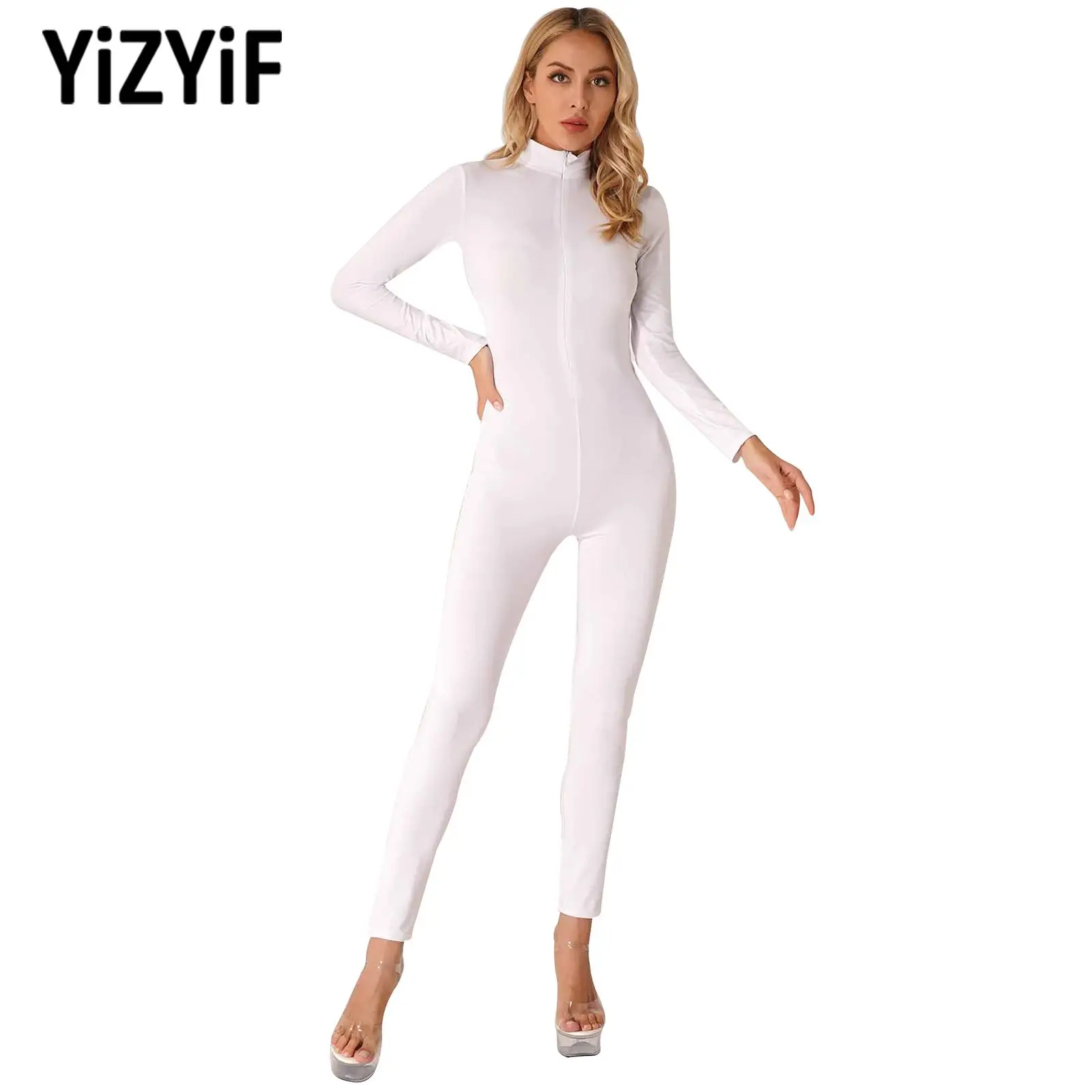 

Womens Stretchy Gymnastics Dance Training Jumpsuit Costumes Sheer Long Sleeve Zipper Long Bodysuit Sport Yoga Catsuit Sportswear