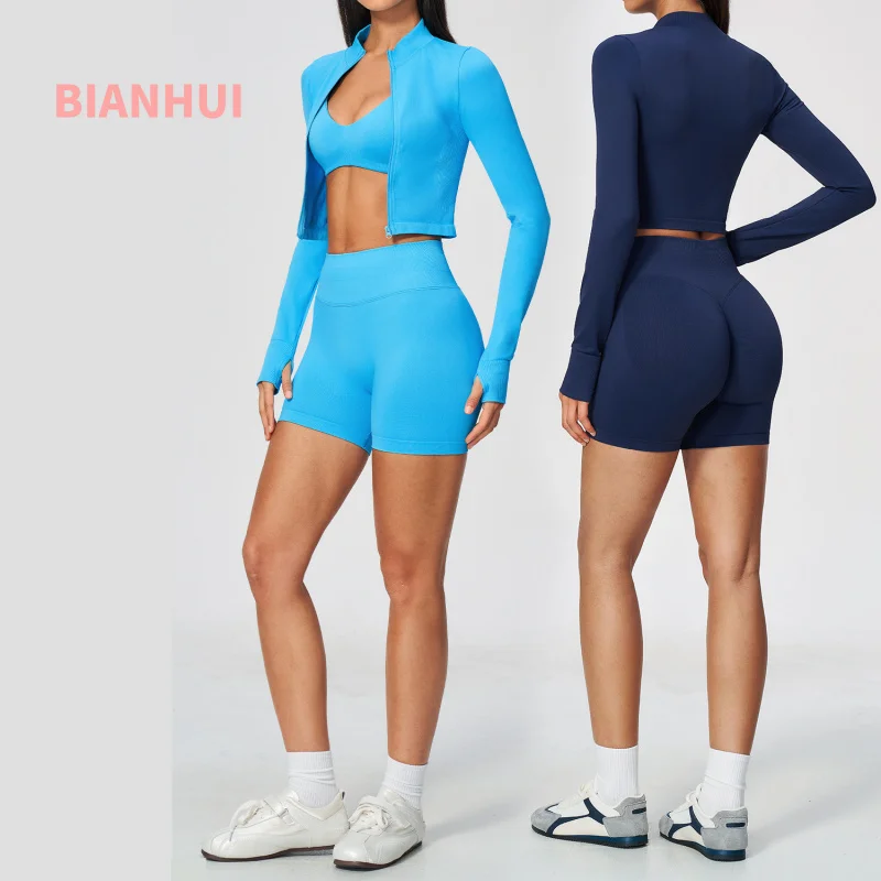 Women 3 Piece Seamless Yoga Set Stand Collar Zip Up Jacket Sports Bra High Waist Shorts Breathable Pilates Fitness Outfit