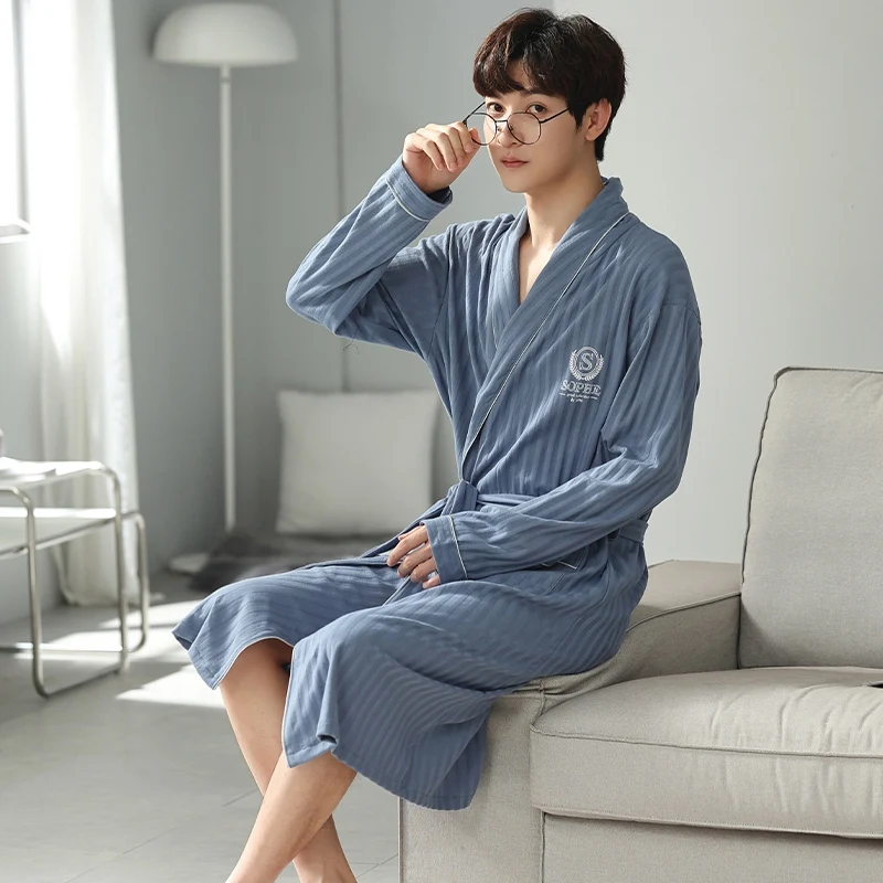 2024 Spring Autumn Plus Size Long Sleeve Cotton Kimono Robes for Men High Quality Sleepwear Bathrobes Male Homewear Home Clothes
