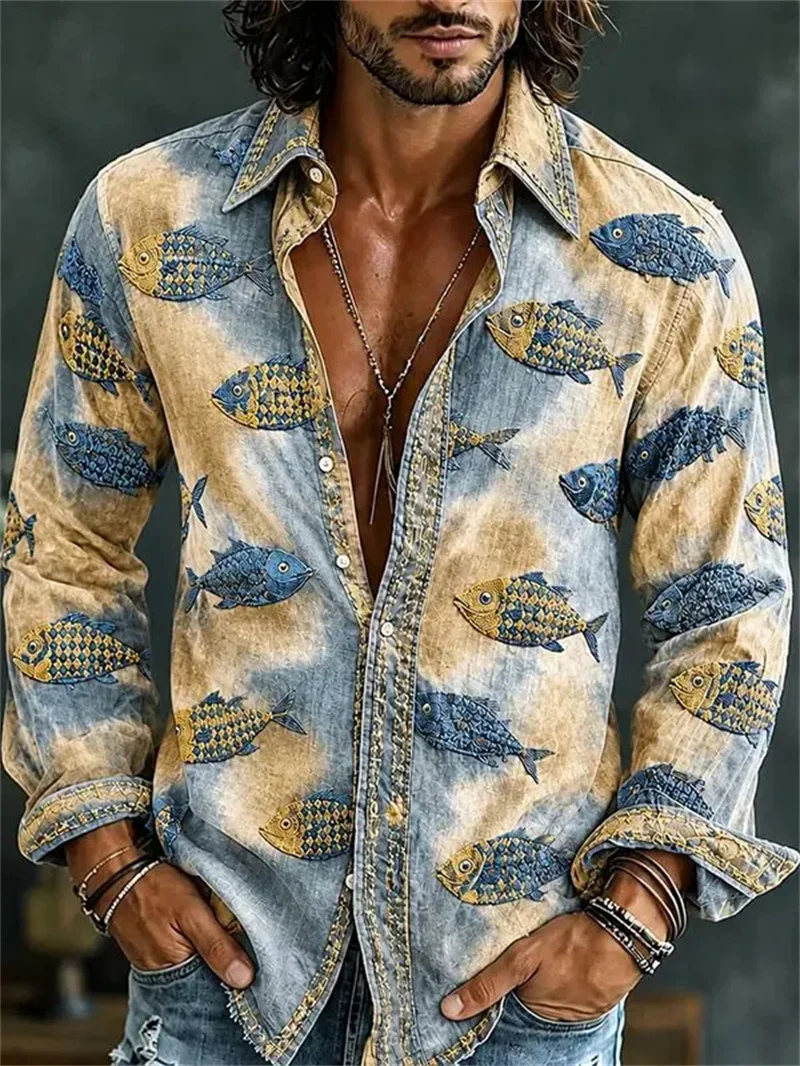 New Xiangyun Xianhe Mudan National Style Printed Long sleeved Shirt for Men's Vacation Zen Leisure Top
