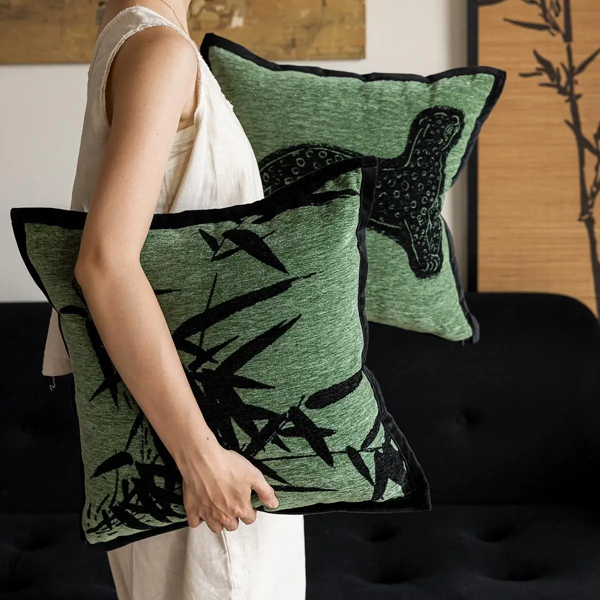 BUYNOW 1PC Green Leopard Bamboo Jacquard Cushion Cover Vintage Light Luxury Living Room Sofa Cushion Cover Home Bedroom Decor