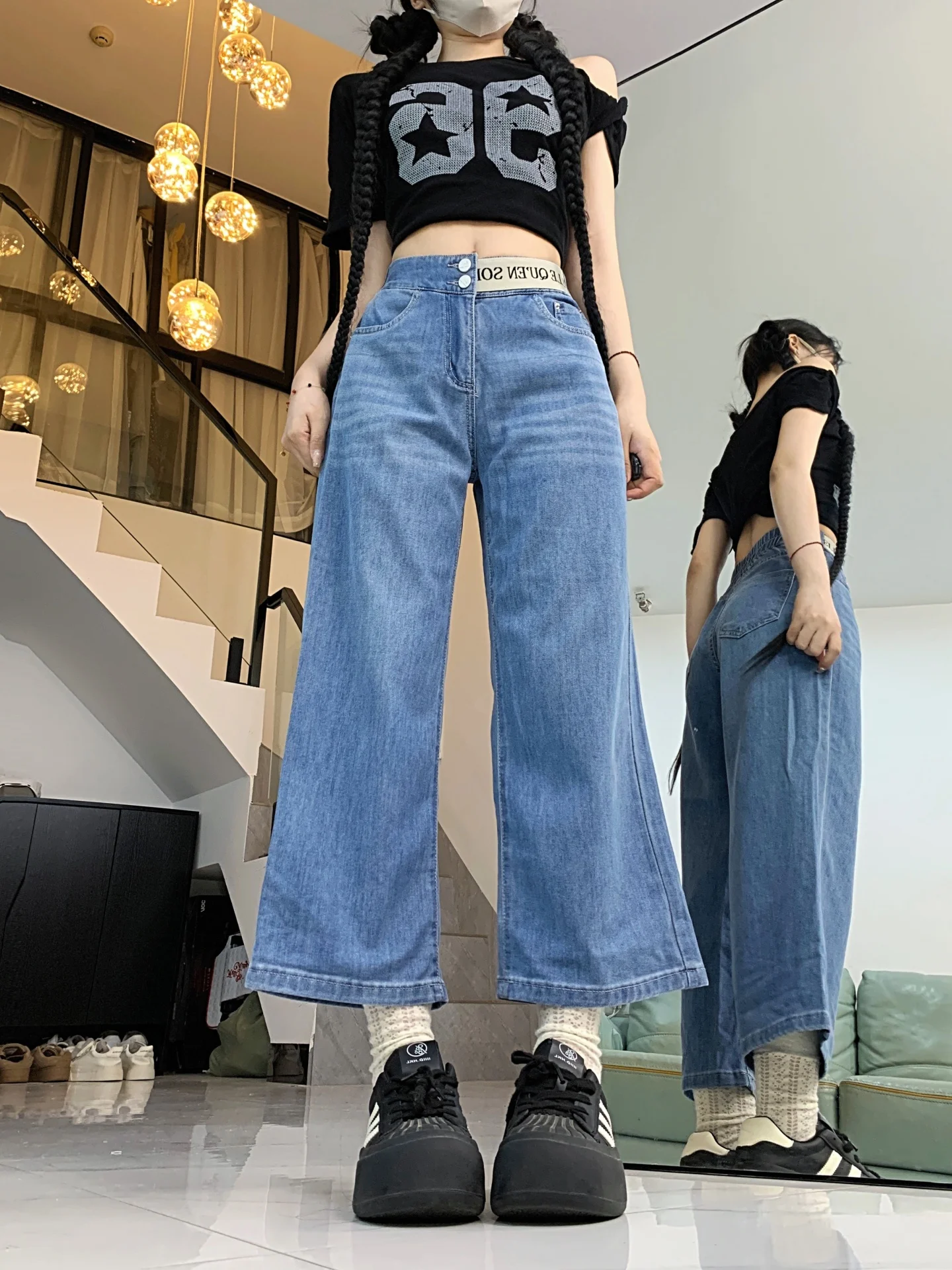 High Waist Wide Leg Jeans Women's Loose Fit Straight Cut Elastic Waist Denim Pants Autumn New Sle Slimming Durable Casual
