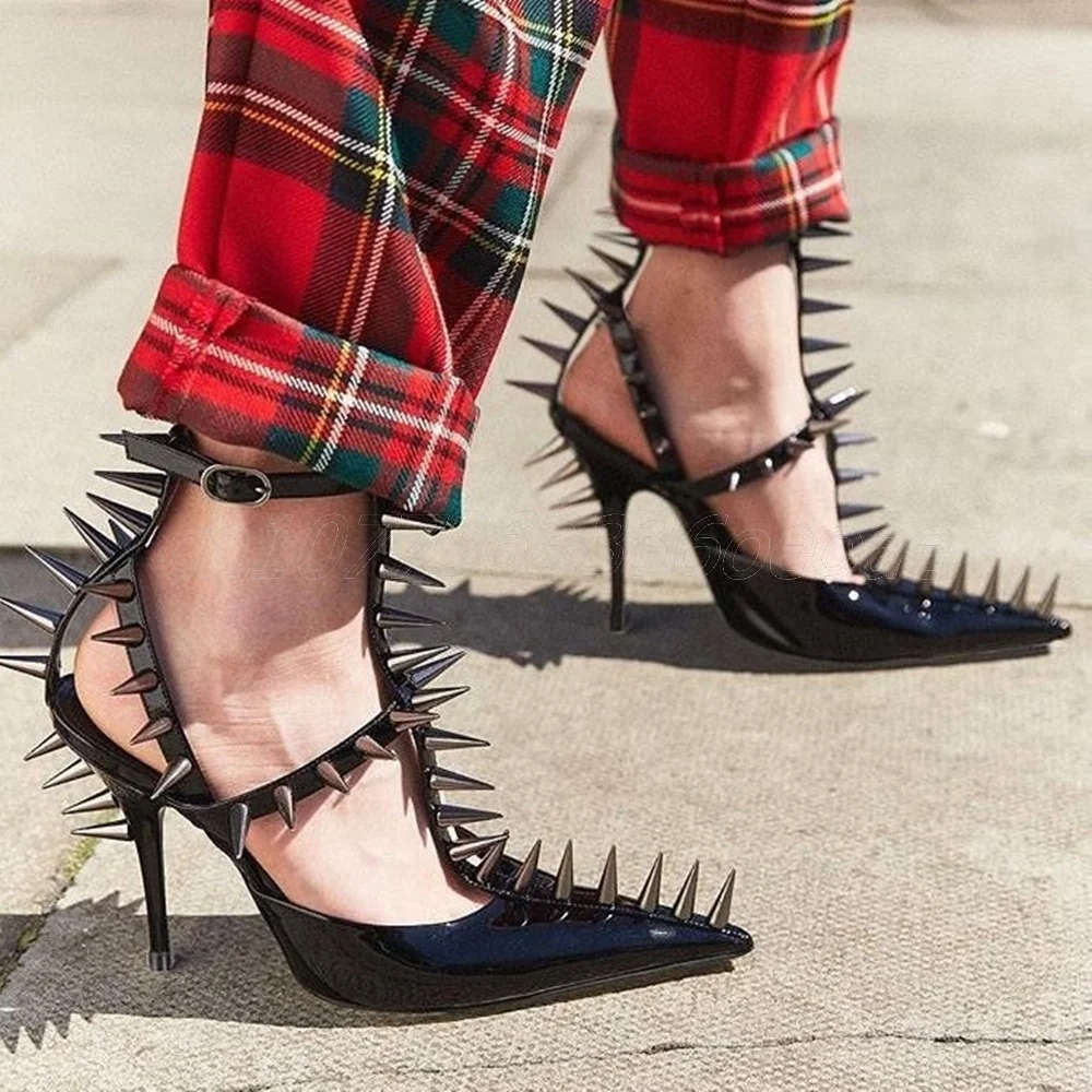 

Pointy Rivets Decor Hollow Pumps Silver Ankle Strappy Shoes for Women Patent Thin High Heels Shoes 2025 Zapatos Para Mujere