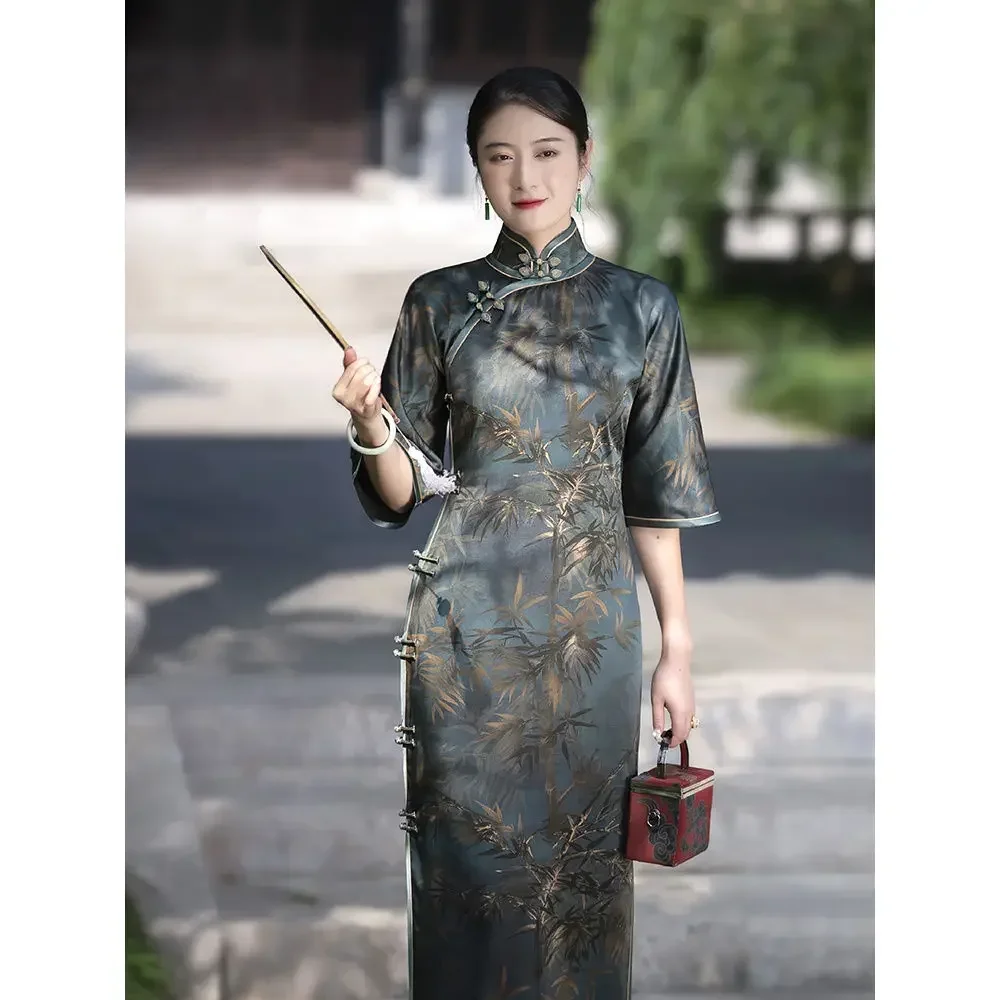 Elegant Satin Green Stand Collar Bamboo Print Half Sleeved Cheongsam Women Chinese Imitation Incense Cloud Gauze Qipao Dresses