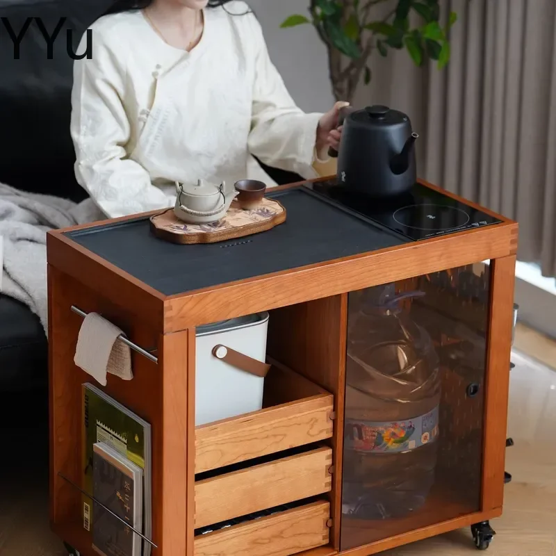 for Solid Wood Mobile Tea Cabinet New Chinese Style Office Mahogany Tea Side Cabinet Rolling Cart with Storage Shelf Tea