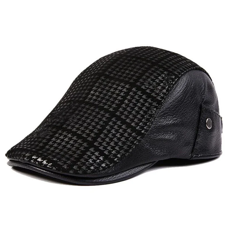 Genuine Leather Boina Thin Print Geometry Berets Hats For Men Duckbill Leisure Brown 55-60cm Fitted Cabbie Bonnet Adjustable