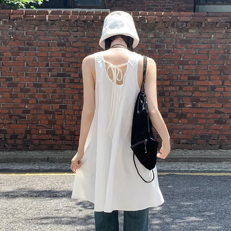 Korean Style Women's Tank Dress Summer Cropped Sleeveless U-Neck Vest Design Sensibility Cotton Linen Dress Women's