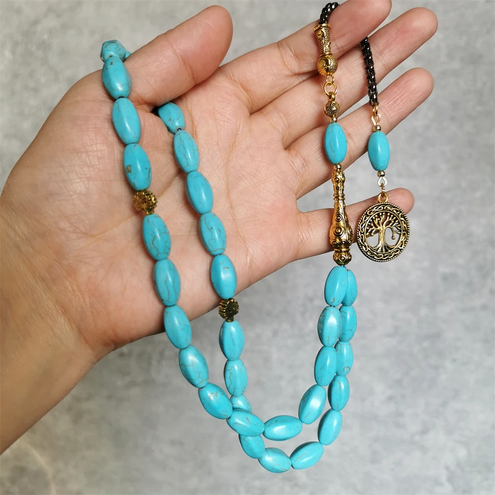 

Islamic Tasbih Jewelry Prayer Beads Synthetic Turquoise Stone Oval 8*14mm 33 Beads Masbaha Subha Muslim Rosary Tespih