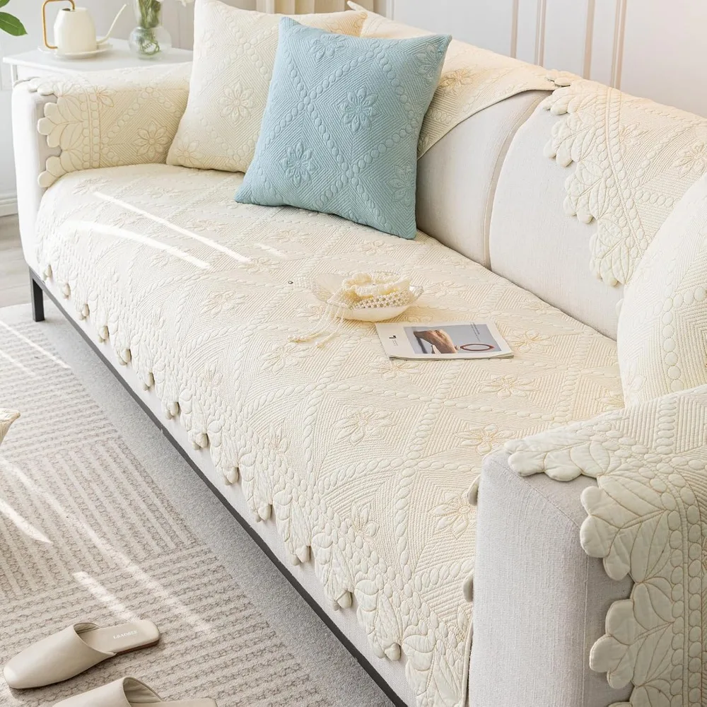 100% Cotton Quilted Floral Embroidered Sofa Cover - Non-Slip, Soft, Washable Couch Slipcover for Furniture Protection