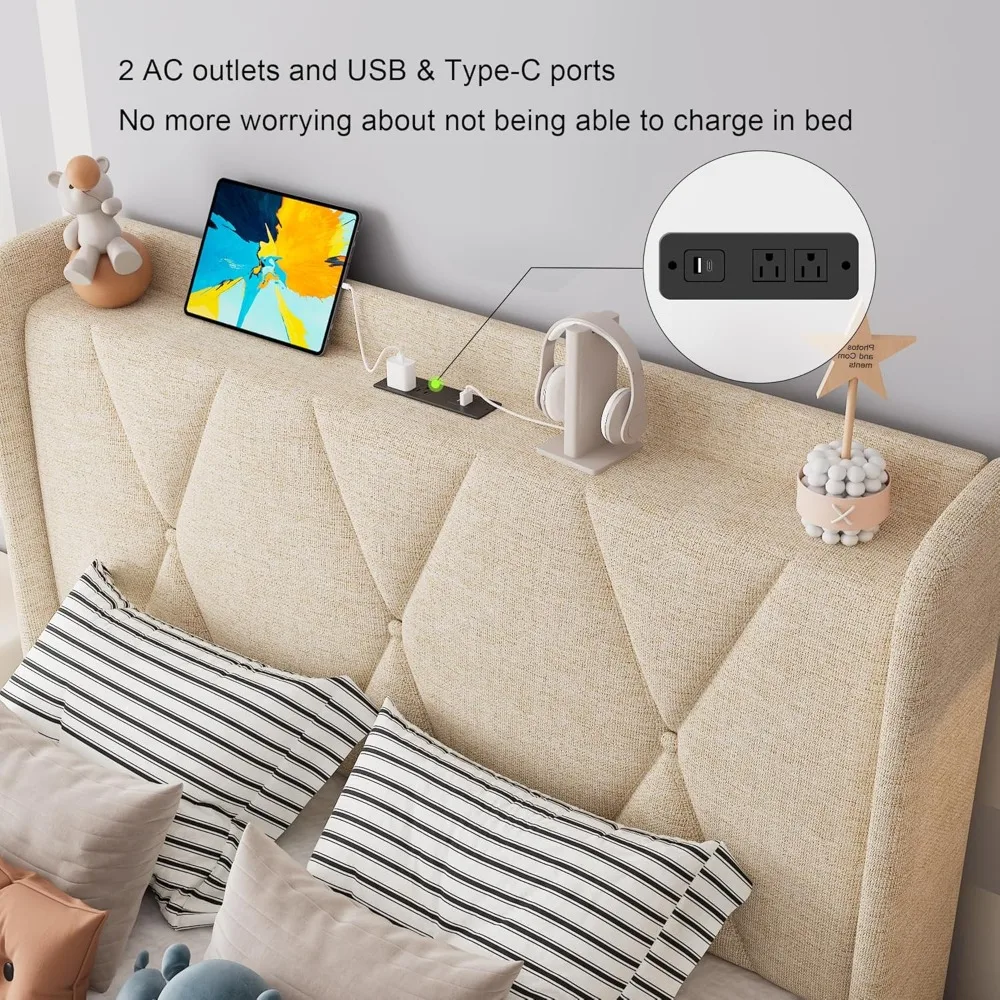 Estrutura de cama de solteiro com 3 gavetas de armazenamento, cama de plataforma estofada com estação de carregamento rápido, cabeceira de armazenamento Wingback