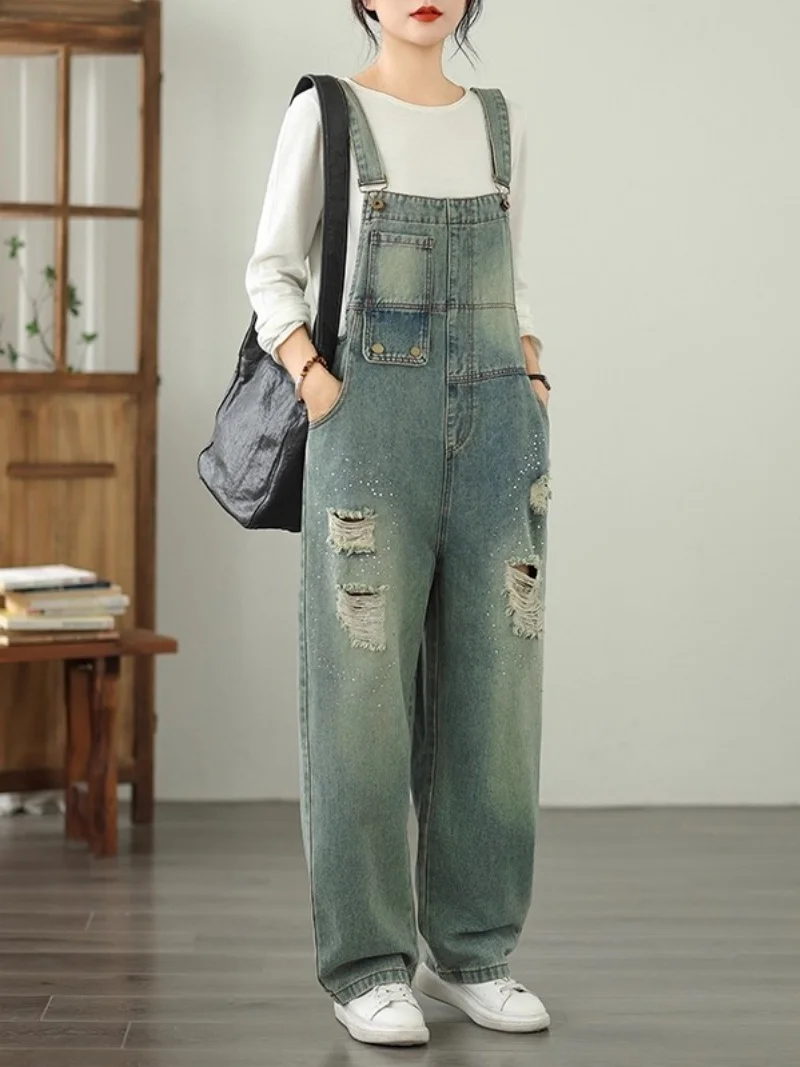 Overall Denim Tertekan Retro Modis untuk Wanita 2025 Jeans Tren Jumpsuit Kaki Lurus Longgar Ukuran Besar Musim Gugur W443