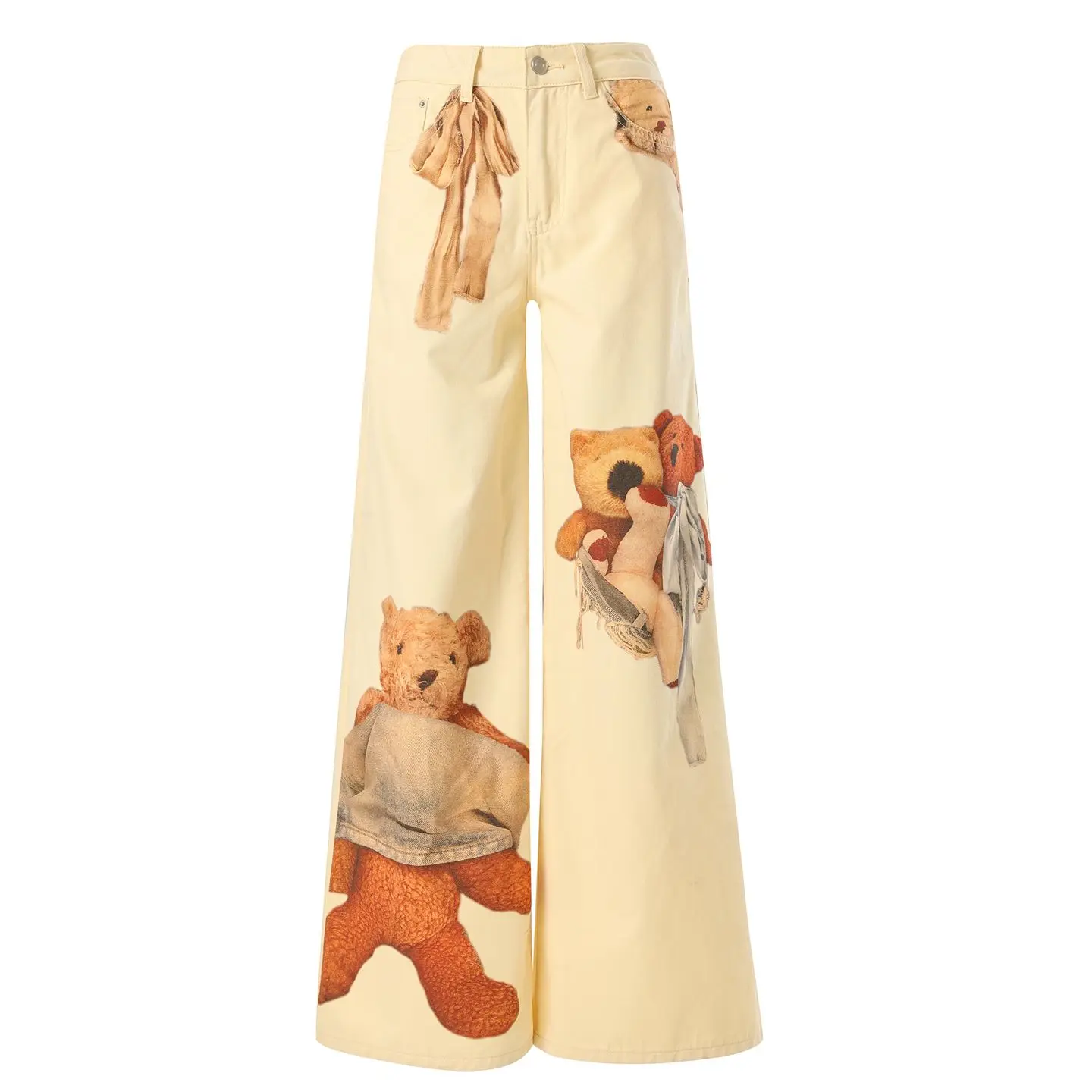 

CHICATWILL Straight Denim Jeans Women Cute 3D Bear Printed Wide Leg Pants Trendy Girls Trousers Yellow Female Fashion Streetwear
