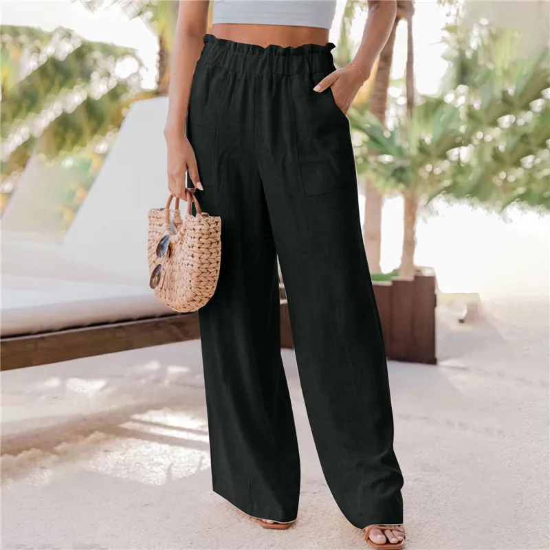 

Casual Women's Pants Fashion Ruffled Wide Leg Pants Women Cotton Linen Black Pants OL Loose Trousers Women Basic Women Clothing