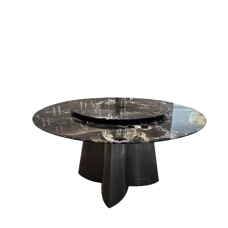 Simple household round table with turntable four-leaf clover round black rose luxury stone natural marble dining table