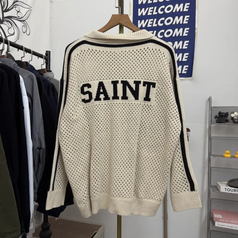 

Zipper Cardigan SAINT 80 Digit Letter Printed Hollow Mesh Knitted Sweater Men Women Back Big SAINT Logo Loose Sunscreen Clothes