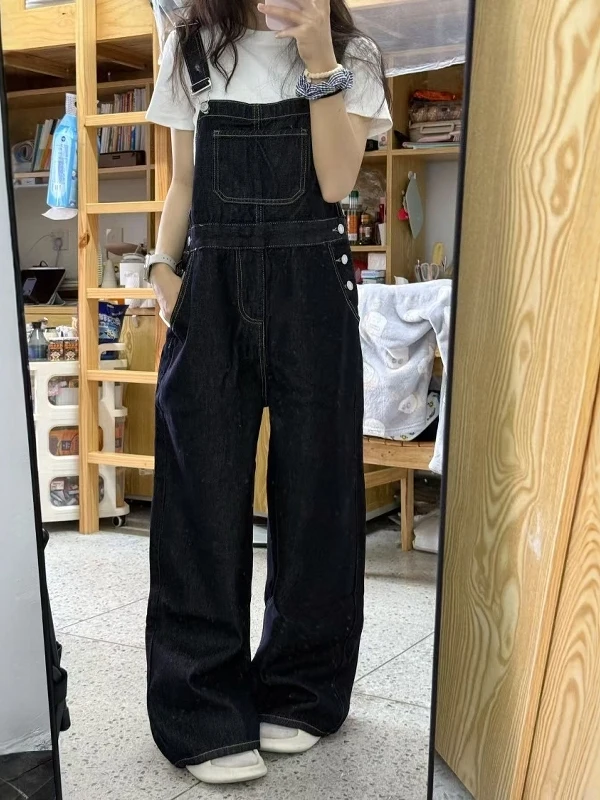 American Sle Retro Denim Overalls Women Summer 2025 New Lazy Loose Straight Casual Wide Leg Long Pants High Waist Trousers