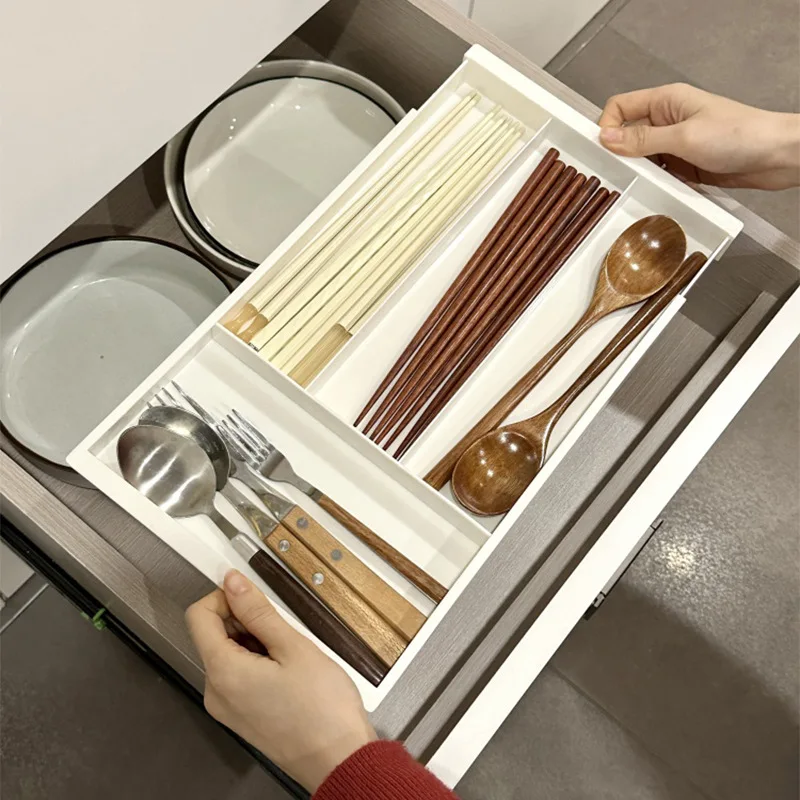 1-teilige weiße Schublade, Teleskop-Aufbewahrungsbox, Trennwand und Organizer-Box für Zuhause mit Fächern zur Aufbewahrung von Küchenbesteck