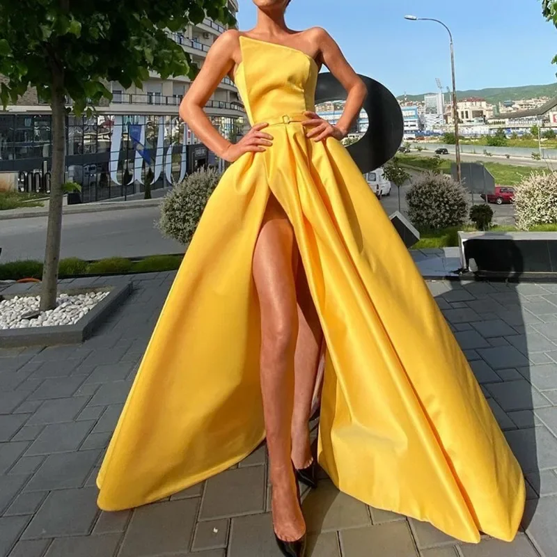 European and American Women\'s One-shoulder Tube Top Dress Long Skirt Sexy Slit Dress White Dress Summer Dress