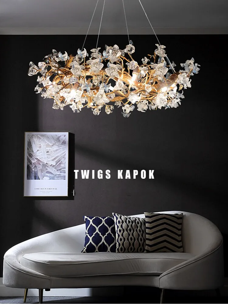 

Modern LED Branches Ceiling Chandeliers Glass Crystal Pendant Lamp Handmade Kapok Flower Hanging Light Lustre Home Decor Fixture