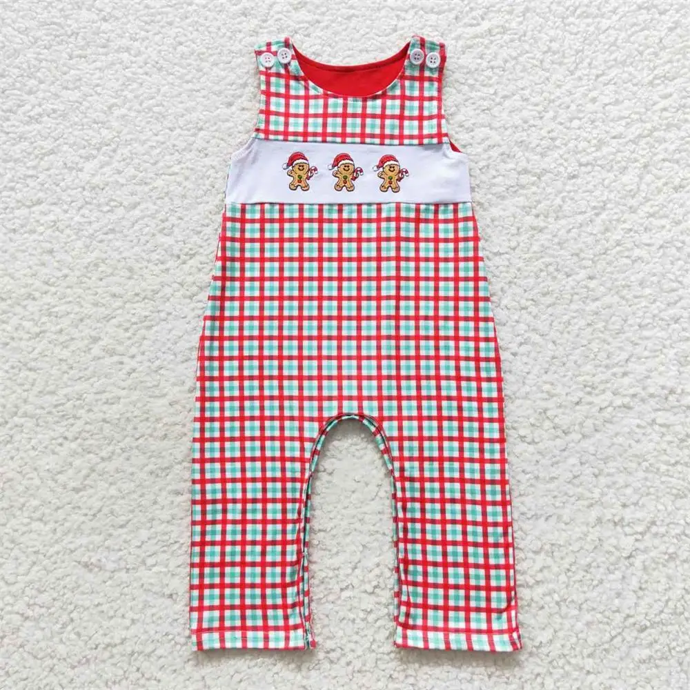 

Kids Newborn Christmas Embroidery Gingerbread Romper Plaid Sleeveless Clothing Toddler Infant Children Boy Jumpsuit One Piece