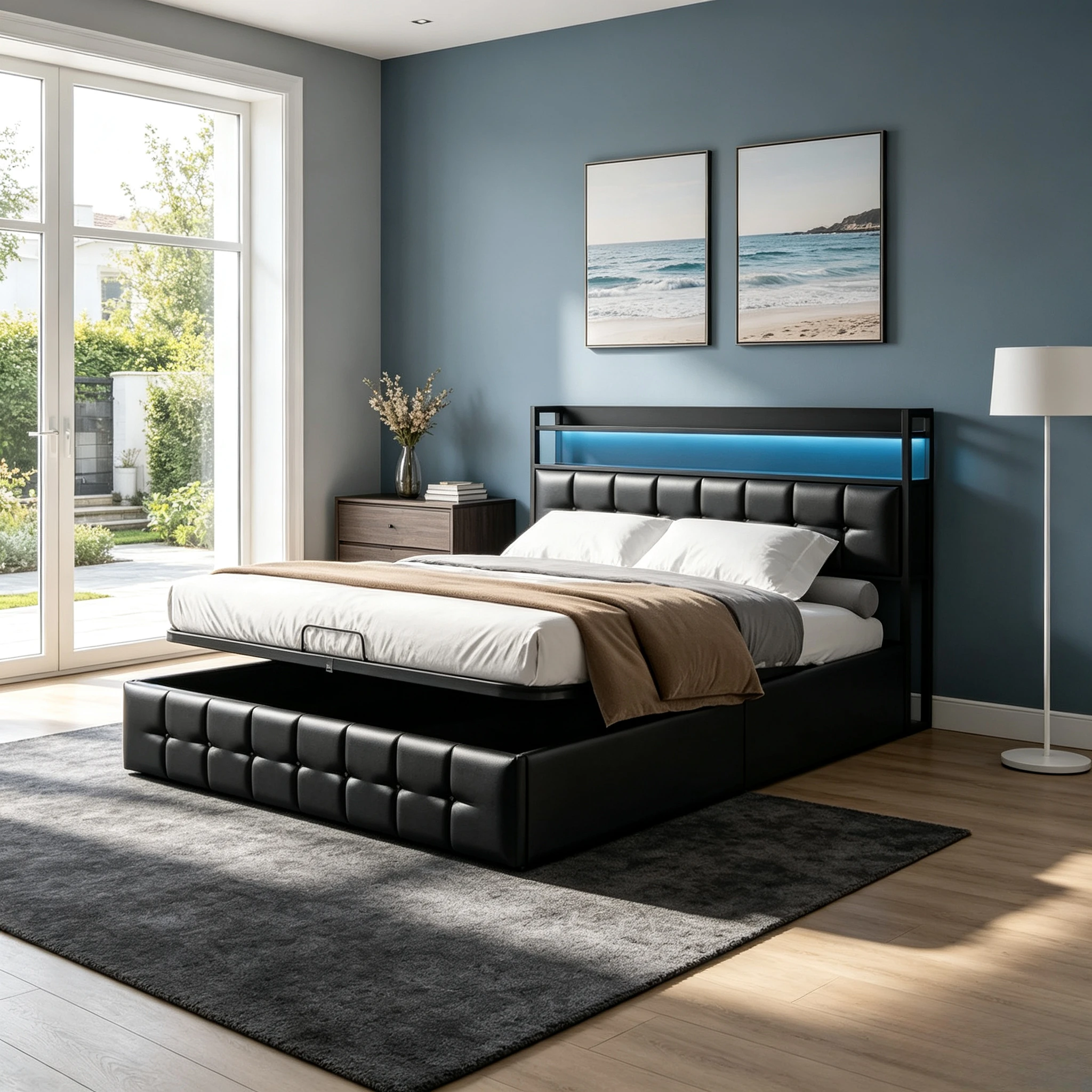 90/140/160x200cm Doppelbett, gepolstertes Bett mit Kopfteil und Stauraum, hydraulischer Stauraum unter dem Bett, PU-/Leinen-Bettrahmen, Matratze nicht enthalten