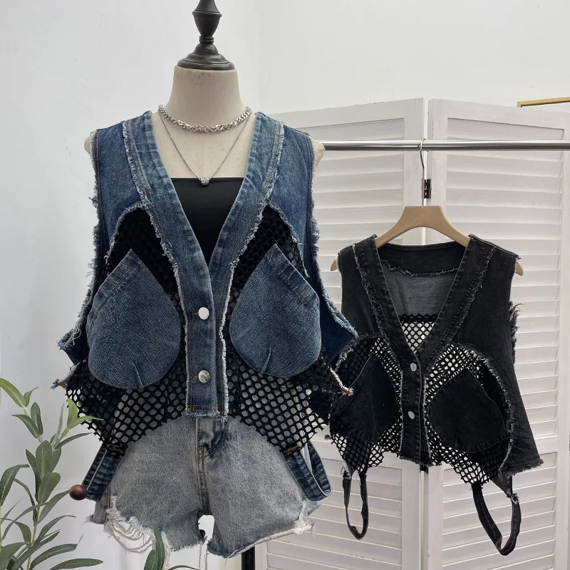 

Sexy Rough Edge Denim Splicing Grid Vest Loose V-neck Sleeveless Jacket Coat Women