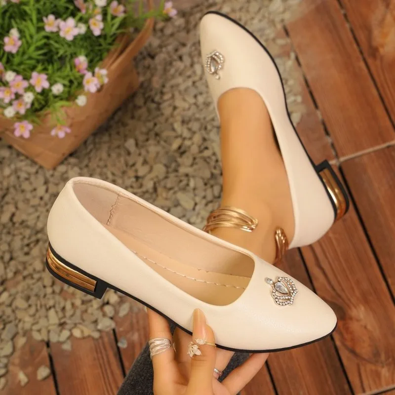 Women's Flats Pointed Toe Low Heel Slip-On with Rhinestone Crown Detail and Metallic-Look Heel Finish for Daily Casual Office