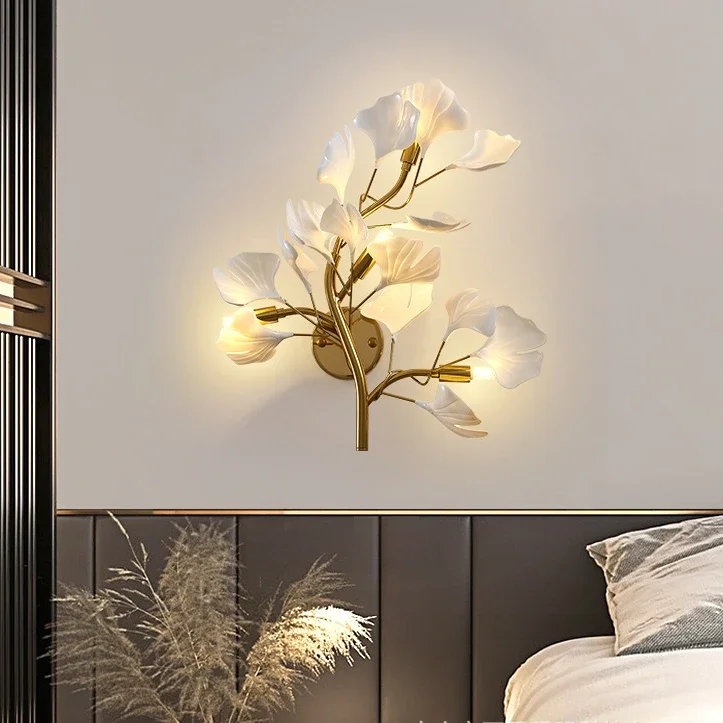 Nordic Creative Foyer Hallway Minimalist Bedroom Bedside Light Ginkgo Leaf Sconces LED Luxury Living Room Sofa Background Lamps