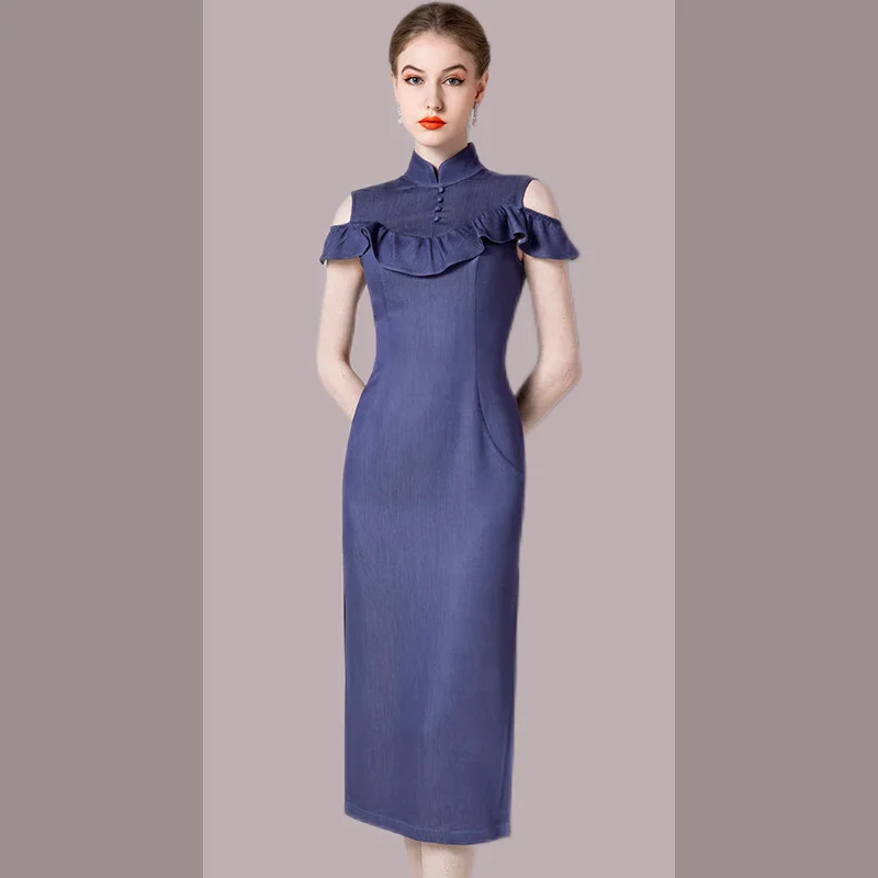 High end young denim improved cheongsam design, niche dress and formal dress