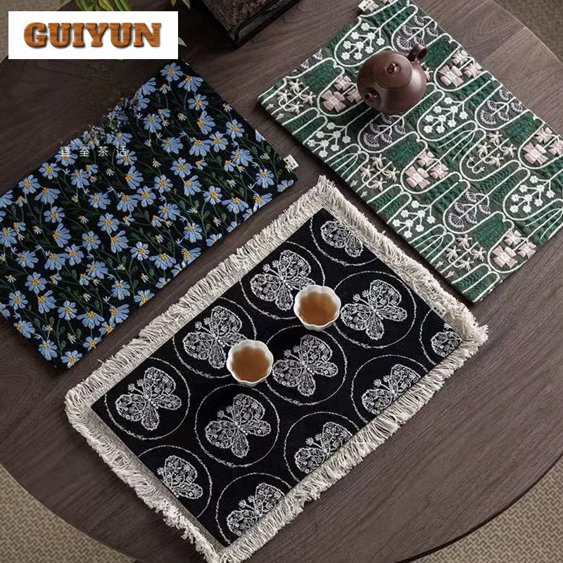 Chinese Style Floral Embroidery Tea Table Mats Elegant Tea Flag Drink Coaster Dinner Table Cloth Mat Tea Services Ornaments Gift