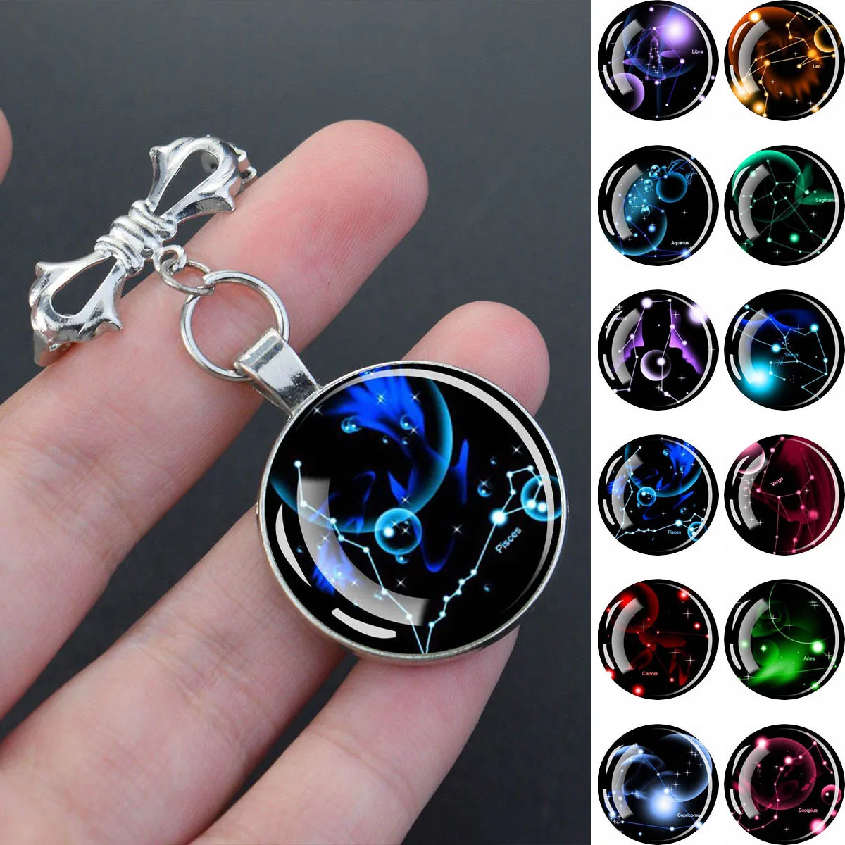 12 Constellations Glass Dome Pendant Brooch Exquisite Bow Pin Circular Pendant Brooch Casual Party Clothing Accessories Gifts