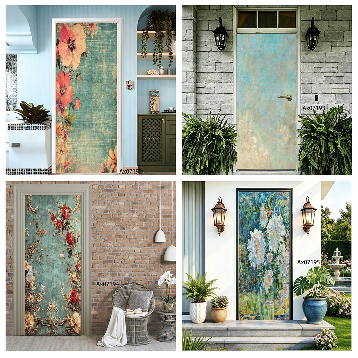 Floral Door Decal Vintage Mountain River Floral Scenery Pattern Self-adhesive Removable Door Sticker Living Room Interior Decor