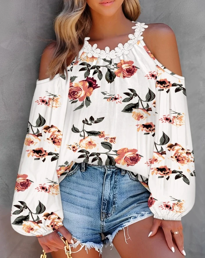 

Sexy Women's Blouse 2024 Spring Loose Print Round Neck Lantern Sleeve Pleated Floral Print Contrast Lace Cold Shoulder Top Shirt