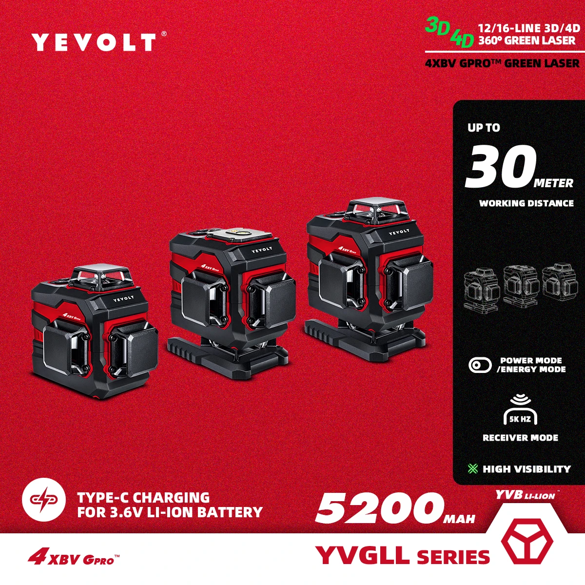 

YEVOLT YVGLL4XS Series Green Laser Level 4-Plane 16-Line Self-leveling 360 4D Horizontal & Vertical 3.6V 5.2Ah Power Tools