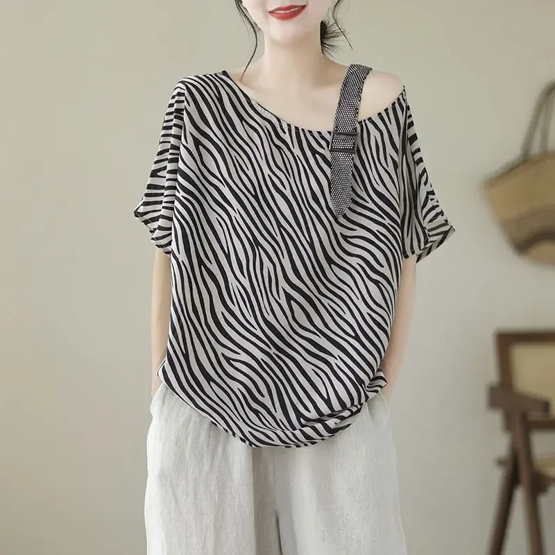 

Cotton Linen T Shirts Women Korean Off Shoulder Short Sleeve Tops Fashion Loose Design T-shirt Summer Trend Thin Tshirt Y2k Top