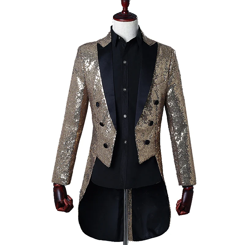 

Sequin Tailcoat Men Tuxedo Swallow-tailed Coat Tails Gold Red Royal Blue Blazer Jacket Prom Event Outfits