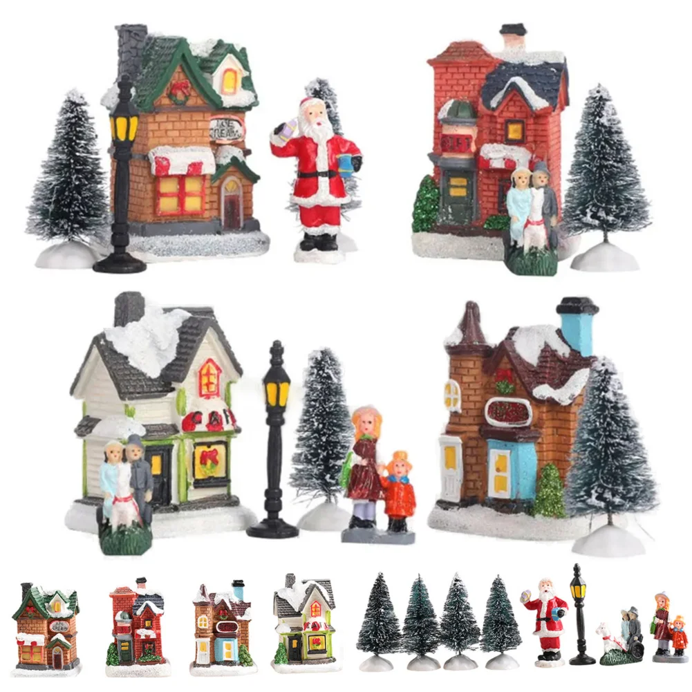 12PCS LED Resin Christmas Village Ornaments Set Figurines Decoration Santa Claus Pine Needles Snow View Holiday Gift Home Decor