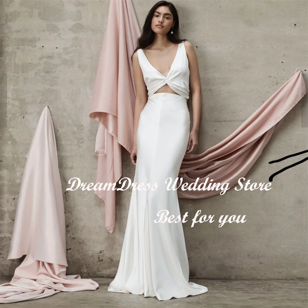 DREAM Customized V Neck Knot Cut Out Sexy Mermaid Wedding Dresses Simple Backless Sleeveless Plain Satin Bridal Gowns 2024