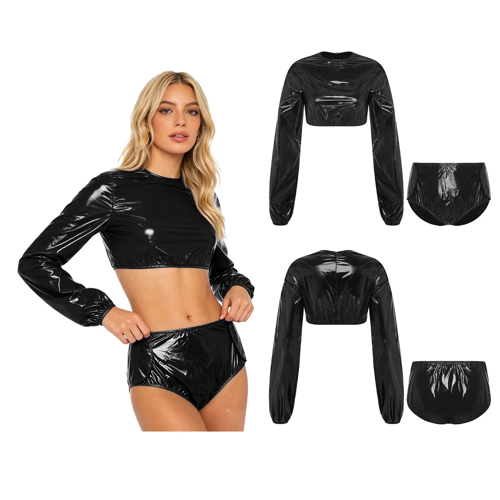 Womens Elegant Adaptive Nightwear Waterproof Vinyl Long Sleeve Top and Side Fastener Diaper Cover Shorts Casual Sweat Outfit