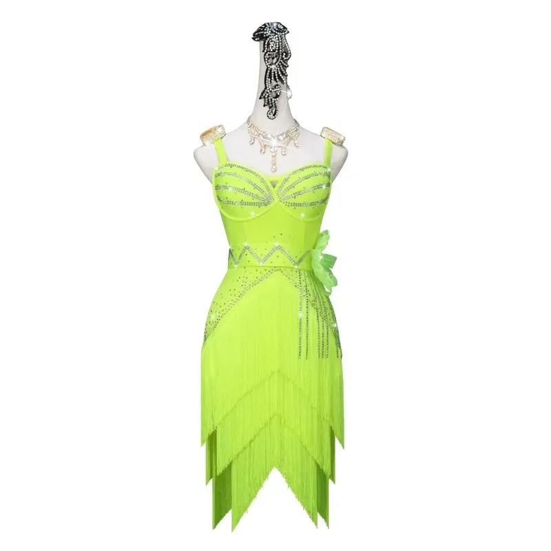 Latin Dance Dress Latin Rock Wettbewerb Kostüme Durchführung Kleid funkelnde Strass steine anpassen Kinder fluor zierend grün