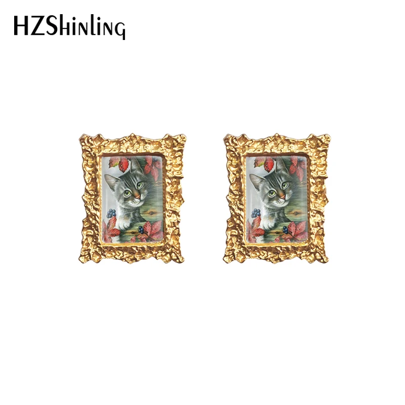 2022 New Cat Dragonfly Stud Earring Flower Kittens Painting Square Earrings Retro Art Printed Glass Photo Jewelry