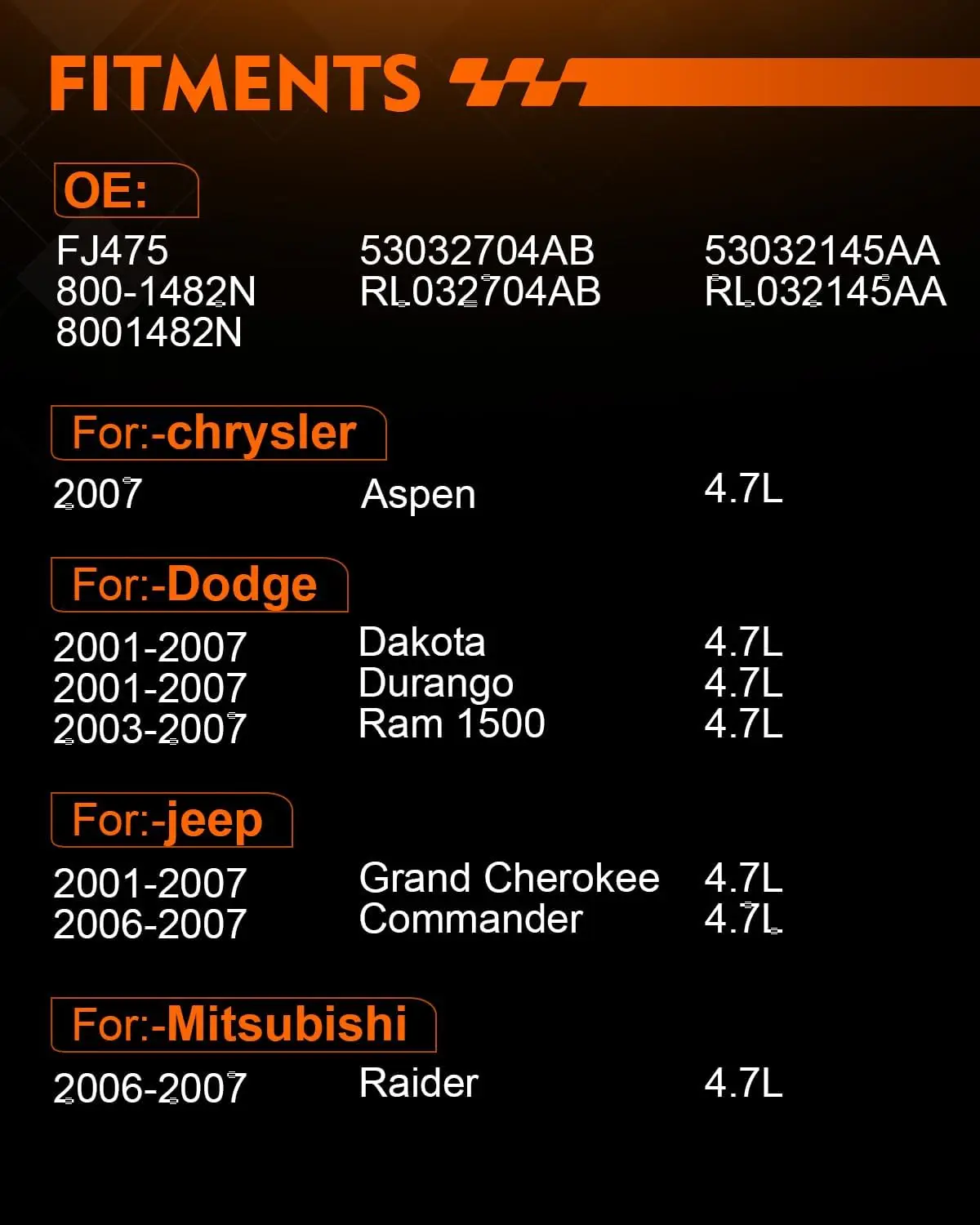 Bilusi FJ475 4.7L حاقن الوقود لدودج داكوتا دورانجو رام 1500 01-07 لسيارة جيب جراند شيروكي قائد 01-07
