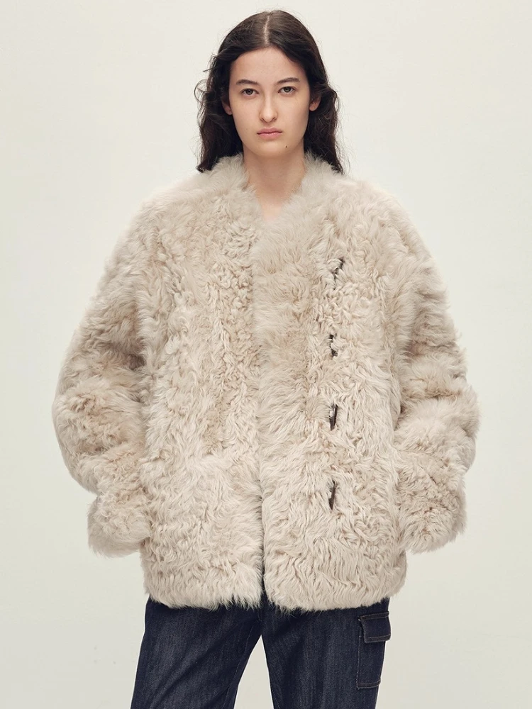 

High-end Luxury Toscana Lamb Fur Jackets Women Simple Stand Collar Fluffy Warm Winter Genuine Leather Real Fur Shearling Coat