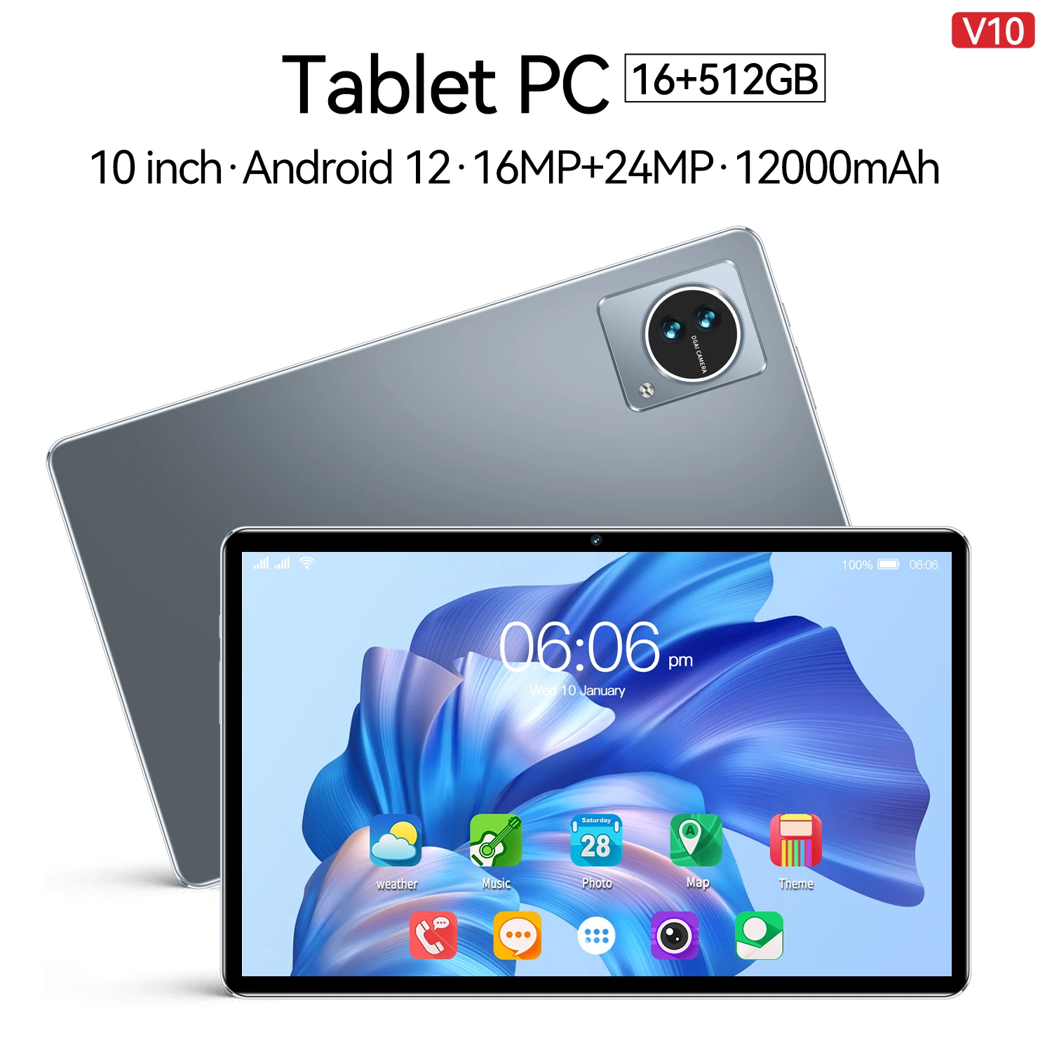 2024 Original Pad V10 10.1 inch Snapdragon870 Android12 5G Double Card HD screen 16GB+1TB 12000mAh GPS Wifi 5G Bluetooth Tablet