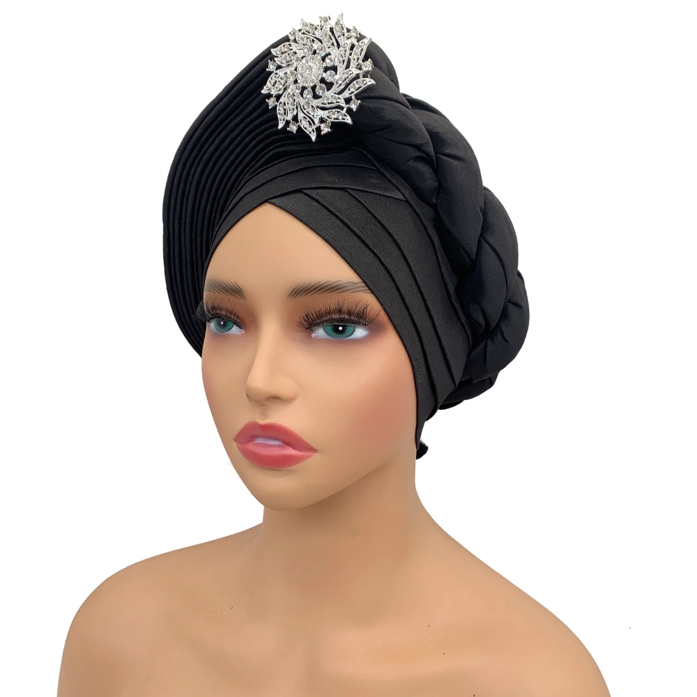 Female Rhinestone Head Wraps Raw Silk Headtie African Autogele Women\'s Turban Cap Nigeria Wedding Auto Geles Party Headpiece