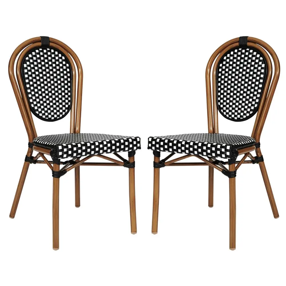 

Lourdes Indoor Outdoor Commercial Thonet Bistro Stack Chair Black White PE Rattan Back and Seat Natural Bamboo Print Metal Fram